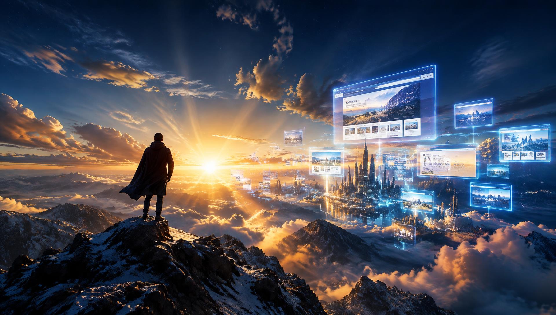 A lone hero on a summit overlooking a city of glowing websites